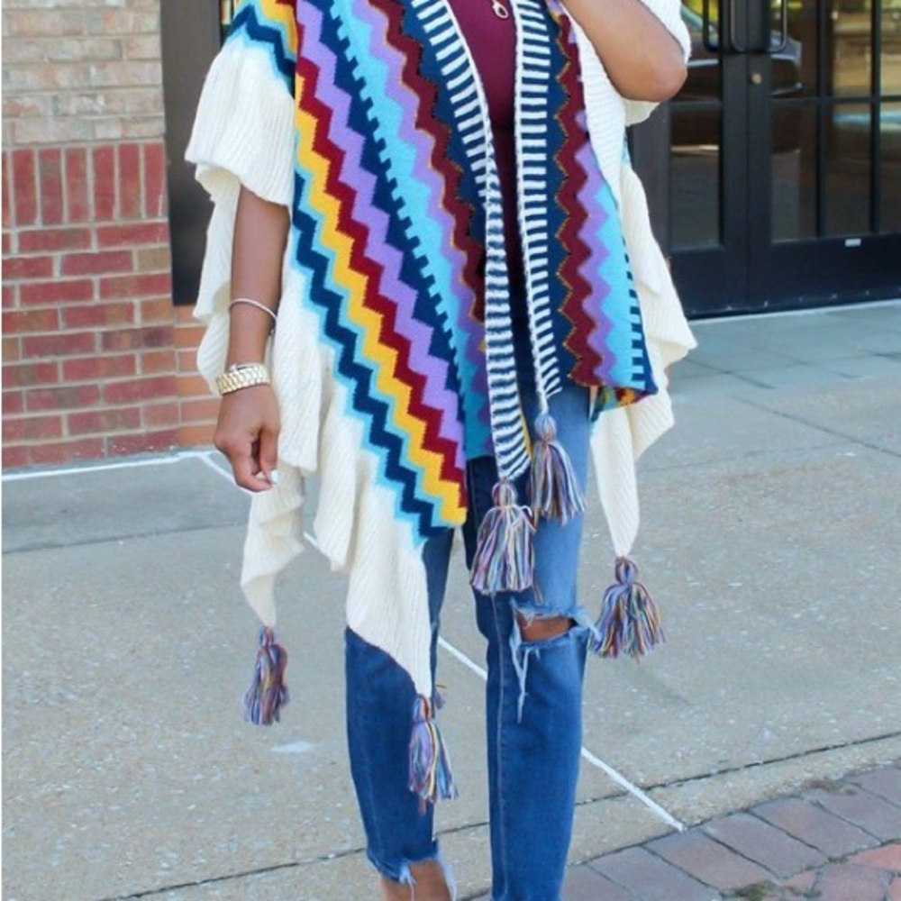 Cream Open-Front Tassel Poncho with Multicolor Zigzag Panels